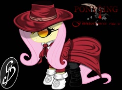 Size: 1041x767 | Tagged: artist needed, safe, character:fluttershy, species:pegasus, species:pony, alucard, alushy, black background, clothing, cutie mark, goggles, grin, hat, hellsing, pentagram, simple background, smiling