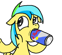 Size: 399x356 | Tagged: artist needed, safe, oc, oc only, oc:aurora, oc:aurora dawn, species:pegasus, species:pony, energy drink, female, filly, floppy ears, red bull, simple background, solo, white background