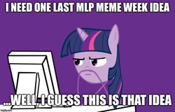 Size: 782x500 | Tagged: artist needed, safe, character:twilight sparkle, species:pony, computer, focus, focused, funny, looking at monitor, meme, monitor, out of ideas, purple background, simple background, stick figure, stickmare, thinking