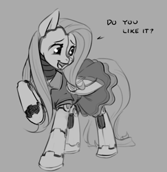 Size: 967x995 | Tagged: artist needed, safe, character:fluttershy, species:pony, /mlp/, 4chan, dialogue, flutterbot, gray background, monochrome, robot, robot pony, simple background, solo, the pony machine learning project