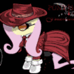 Size: 750x747 | Tagged: artist needed, safe, edit, editor:undeadponysoldier, character:fluttershy, species:pegasus, species:pony, alucard, alushy, black background, boots, boots on hooves, clothing, grin, hat, pimp, pimp hat, pixel art, shoes, simple background, smiling, solo, sunglasses