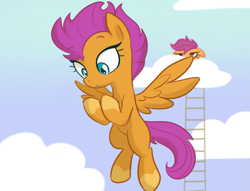 Size: 1111x847 | Tagged: artist needed, safe, character:scootaloo, character:smolder, species:pegasus, species:pony, 30 minute art challenge, :o, cloud, duo, female, floppy ears, flying, grumpy, ladder, lidded eyes, look-alike, looking down, mare, open mouth, ponified, ponified smolder, scootaloo is not amused, sky, solo focus, species swap, spread wings, unamused, wings