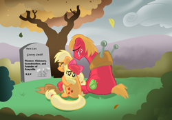 Size: 2000x1392 | Tagged: artist needed, safe, character:apple bloom, character:applejack, character:big mcintosh, character:granny smith, species:earth pony, species:pony, crying, female, filly, funeral, grave, grave meme, gravestone, hug, implied death, male, mare, sad, sitting, stallion, tree
