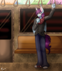 Size: 1280x1483 | Tagged: safe, artist:mscolorsplash, oc, oc only, oc:quick draw, species:anthro, bat wings, cellphone, clothing, commission, digital art, food, headset, male, phone, scarf, smartphone, solo, standing, subway, vampony, wings