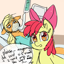 Size: 3500x3500 | Tagged: artist needed, safe, character:apple bloom, character:applejack, species:earth pony, species:pony, bags under eyes, bed, dying, female, filly, floppy ears, frown, hospital, hospital bed, lidded eyes, life support, looking at you, mare, n word, no catchlights, no pupils, on back, open mouth, sad, sketch, teary eyes, wat, z-word pass, ziggers