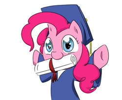 Size: 550x450 | Tagged: artist needed, source needed, safe, character:pinkie pie, species:pony, clothing, cute, diapinkes, graduate, graduation, graduation cap, hat, mouth hold, scroll, simple background, solo, white background