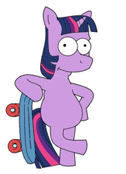 Size: 697x960 | Tagged: artist needed, safe, character:twilight sparkle, character:twilight sparkle (unicorn), species:pony, species:unicorn, bart simpson, bipedal, female, low quality, missing cutie mark, no eyelashes, shitposting, skateboard, style emulation, the simpsons, wat