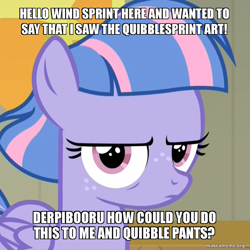 Size: 800x800 | Tagged: safe, derpibooru original, edit, edited screencap, screencap, character:wind sprint, species:pegasus, species:pony, derpibooru, episode:common ground, g4, my little pony: friendship is magic, season 9, annoyed, caption, cropped, disapproval, exclamation point, exploitable meme, female, filly, foal, freckles, frown, glare, implied quibblesprint, implied shipping, implied straight, lidded eyes, looking at you, looking back, looking back at you, meme, memegenerator, meta, nostrils, outdoors, question, question mark, quibblesprint, reaction image, shipping, solo, straight, symbol, text, text edit, wall of tags, watermark, website, wind sprint is not amused