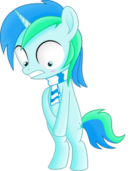 Size: 3440x4465 | Tagged: artist needed, safe, oc, oc:cyan lightning, species:pony, absurd resolution, bipedal, blushing, clothing, colt, covering, covering crotch, cute, embarrassed, foal, male, naked rarity, ocbetes, scarf, simple background, solo, transparent background, vector, we don't normally wear clothes