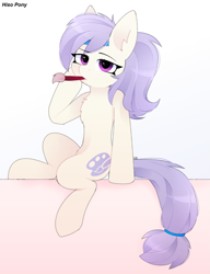 Size: 2659x3459 | Tagged: artist needed, safe, oc, oc only, oc:artstina, species:earth pony, species:pony, female, looking at you, mare, paintbrush, sitting, solo, tail band