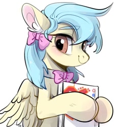 Size: 640x640 | Tagged: artist needed, source needed, safe, oc, oc only, oc:左岸, species:pegasus, species:pony, book, bow, bow tie, bust, chinese, female, hair bow, looking at you, mare, portrait, ribbon, simple background, smiling, solo, text, translated in the description, white background
