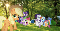 Size: 656x341 | Tagged: artist needed, safe, artist:undeadponysoldier, character:apple bloom, character:applejack, character:rainbow dash, character:rarity, character:scootaloo, character:spike, character:sweetie belle, character:twilight sparkle, character:twilight sparkle (alicorn), species:alicorn, species:dragon, species:earth pony, species:pegasus, species:pony, species:unicorn, ship:spikebloom, apple bloom's bow, applejack's hat, beautiful, bow, camping, car, clothing, cowboy hat, cute, cutie mark crusaders, dawwww, family vacation, female, filly, grass, hair bow, happy, hat, irl, lens flare, lidded eyes, looking at you, looking back, looking back at you, male, mare, one of these things is not like the others, photo, ponies in real life, raised hoof, scared, shipping, sitting, straight, sun, tent, tree