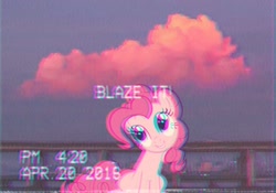 Size: 1029x720 | Tagged: artist needed, safe, character:pinkie pie, species:earth pony, species:pony, 420, 420 blaze it, aesthetics, female, head tilt, mare, sitting, smiling, solo, timestamp, vhs, wallpaper