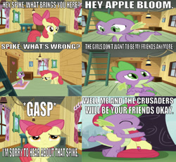 Size: 639x590 | Tagged: safe, edit, edited screencap, editor:undeadponysoldier, screencap, character:apple bloom, character:spike, species:dragon, comic:the start of a new friendship, ship:spikebloom, bow, caption, clubhouse, comforting, comic, crusaders clubhouse, crusadespike, crying, cute, cutie mark, dawwww, emotional, eyes closed, female, filly, heartwarming, holding tail, hug, image macro, implied mane six, implied scootaloo, implied sweetie belle, kicked out, ladder, lantern, male, poor spike, sad, screencap comic, shipping, spikelove, straight, table, tail hug, text, the cmc's cutie marks, tree, window, wrong aspect ratio