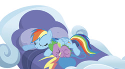 Size: 536x299 | Tagged: artist needed, safe, editor:undeadponysoldier, character:rainbow dash, character:spike, species:dragon, species:pegasus, species:pony, ship:rainbowspike, bed, blanket, cloud bed, cute, dashabetes, dawwww, eyes closed, female, male, mare, open mouth, pillow, shipping, simple background, sleeping, sleeping together, spikabetes, spikelove, straight, white background
