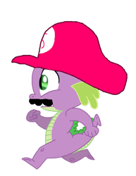 Size: 786x1016 | Tagged: artist needed, safe, edit, editor:undeadponysoldier, character:spike, species:dragon, clothing, cosplay, costume, facial hair, male, mario hat, moustache, running, scared, simple background, solo, super mario bros., transparent background, vector, vector edit