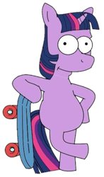 Size: 545x926 | Tagged: artist needed, safe, character:twilight sparkle, character:twilight sparkle (unicorn), species:pony, species:unicorn, bart simpson, bipedal, cursed image, missing cutie mark, no eyelashes, simple background, skateboard, style emulation, the simpsons, transparent background, vector, wat