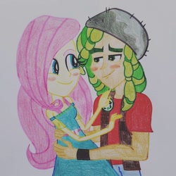 Size: 1080x1080 | Tagged: artist needed, safe, character:fluttershy, character:sandalwood, g4, my little pony:equestria girls, female, male, sandalshy, shipping, straight, traditional art