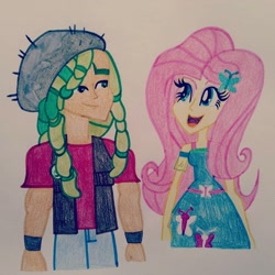 Size: 1080x1080 | Tagged: artist needed, safe, character:fluttershy, character:sandalwood, g4, my little pony:equestria girls, breasts, female, male, sandalshy, shipping, straight, traditional art