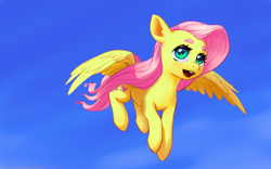 Size: 2560x1600 | Tagged: artist needed, source needed, safe, character:fluttershy, species:pegasus, species:pony, beanbrows, cute, eyebrows, female, flying, looking at you, mare, open mouth, shyabetes, sky, smiling, solo, spread wings, teeth, three quarter view, windswept mane, wings