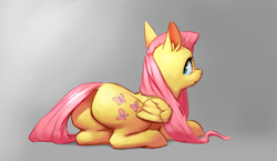 Size: 2297x1333 | Tagged: artist needed, source needed, safe, character:fluttershy, species:pegasus, species:pony, butt, cute, ear fluff, female, flutterbutt, gray background, looking at you, looking back, looking back at you, mare, plot, rear view, shyabetes, simple background, solo, wings