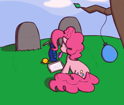 Size: 951x808 | Tagged: artist needed, safe, character:pinkie pie, species:earth pony, species:pony, balloon, female, gravestone, implied death, mare, solo