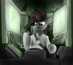 Size: 4500x4000 | Tagged: artist needed, safe, oc, oc only, oc:skywalk shadow, species:pony, angry, buttons, clothing, cockpit, hoof hold, male, mech, monitors, seatbelt, stallion