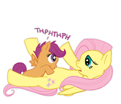 Size: 504x432 | Tagged: artist needed, safe, character:fluttershy, character:scootaloo, species:pegasus, species:pony, raspberry, simple background, transparent background, tummy buzz