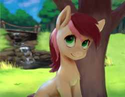 Size: 1994x1540 | Tagged: artist needed, source needed, safe, character:roseluck, species:earth pony, species:pony, bridge, cat tail, depth of field, female, forest, looking at you, mare, pond, river, smiling, solo, stream, tree