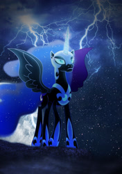 Size: 2243x3188 | Tagged: dead source, safe, artist:vipeydashie, character:nightmare moon, character:princess luna, species:alicorn, species:pony, female, lightning, majestic, mare, moon, solo, spread wings, wings