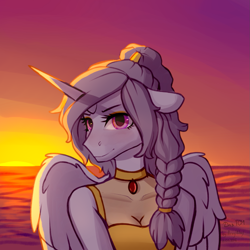 Size: 1375x1373 | Tagged: artist needed, safe, character:princess celestia, species:alicorn, species:anthro, species:pony, princess molestia, clothing, cyrillic, female, mare, solo, sunset