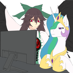 Size: 3500x3500 | Tagged: artist needed, safe, alternate version, edit, character:princess celestia, species:alicorn, species:pony, angry, bow, computer, crossover, crown, desk, hooves, jewelry, reaction image, regalia, reiuji utsuho, stare, sun god, touhou, unimpressed, wings