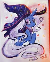 Size: 1080x1350 | Tagged: artist needed, safe, character:trixie, species:pony, species:unicorn, clothing, female, hat, leaping, looking at you, mare, smiling, solo, traditional art, trixie's hat