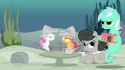 Size: 640x360 | Tagged: artist needed, safe, character:lyra heartstrings, character:octavia melody, character:pinkie pie, character:scootaloo, character:sweetie belle, species:pegasus, species:pony, species:sea pony, animated, call upon the sea ponies, clothing, confused, hat, monster mare, monster pony, octaviapus, octopony, octopus, original species, paper boat, paper hat, paper sailboat, radio, seaponified, seapony lyra, shoo be doo, sound, species swap, unamused, v for vendetta, webm