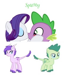 Size: 600x685 | Tagged: artist needed, safe, artist:kianamai, edit, character:rarity, character:spike, oc, oc:crystal clarity, oc:turquoise blitz, parent:rarity, parent:spike, parents:sparity, species:dracony, kilalaverse, ship:sparity, female, hybrid, interspecies offspring, kissing, male, next generation, offspring, shipping, simple background, straight, vector, white background