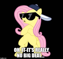 Size: 529x499 | Tagged: artist needed, safe, character:fluttershy, species:pegasus, species:pony, backwards ballcap, baseball cap, bipedal, black background, cap, caption, clothing, crossed arms, deal with it, female, hat, image macro, imgflip, mare, meme, open mouth, simple background, solo, sunglasses, swag, text