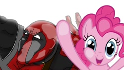 Size: 1366x768 | Tagged: artist needed, safe, character:pinkie pie, species:earth pony, species:pony, against glass, crossover, deadpool, duo, female, fourth wall, fourth wall pose, glass, hilarious in hindsight, mare, simple background, white background