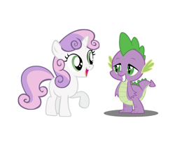 Size: 956x836 | Tagged: artist needed, safe, character:spike, character:sweetie belle, species:dragon, species:pony, species:unicorn, ship:spikebelle, cute, female, filly, happy, lidded eyes, looking at each other, male, open mouth, shipping, simple background, smiling, straight, transparent background, vector