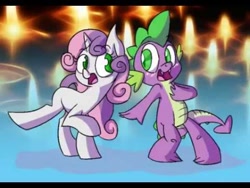 Size: 480x360 | Tagged: artist needed, safe, character:spike, character:sweetie belle, species:dragon, species:pony, species:unicorn, ship:spikebelle, cute, dancing, female, filly, hand on chest, happy, looking at each other, male, open mouth, raised hoof, shipping, straight