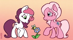Size: 914x511 | Tagged: artist needed, safe, character:pinkie pie, character:sweetie belle, species:earth pony, species:pony, species:unicorn, g3.5, abstract background, bee, duo, duo female, female, flower, mare