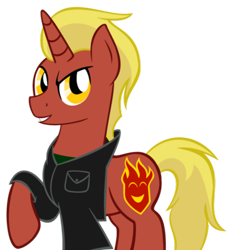 Size: 350x368 | Tagged: artist needed, safe, oc, oc only, oc:firebrand, species:pony, species:unicorn, clothing, jacket, josh scorcher, looking at you, male, solo, stallion, vector