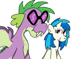 Size: 1024x816 | Tagged: artist needed, source needed, safe, character:dj pon-3, character:spike, character:vinyl scratch, species:dragon, species:pony, species:unicorn, accessory swap, cute, dj glasses, female, glasses, male, mare, older, older spike, shipping, smiling, straight, swag, vinylspike, winged spike