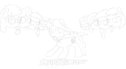 Size: 2397x1324 | Tagged: artist needed, safe, character:boysenberry, character:lily longsocks, character:noi, character:peach fuzz, character:ruby pinch, character:tornado bolt, character:twist, oc, oc:marker pony, species:earth pony, species:pony, species:unicorn, /mlp/, 4chan, cape, clothing, female, filly, glasses, mare, mlpg, monochrome, simple background, white background