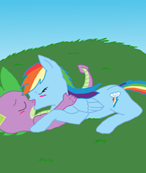 Size: 256x304 | Tagged: dead source, safe, artist:enfyulfur, character:rainbow dash, character:spike, species:dragon, species:pegasus, species:pony, ship:rainbowspike, blushing, eyes closed, female, interspecies, kiss on the lips, kissing, lying down, male, mare, shipping, straight