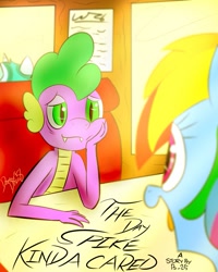 Size: 819x1024 | Tagged: artist needed, source needed, safe, character:rainbow dash, character:spike, species:dragon, species:pegasus, species:pony, ship:rainbowspike, booth, date, dating, eyes closed, fanfic art, female, looking at each other, male, mare, paper, restaurant, shipping, signature, straight, word art