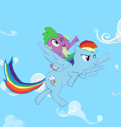 Size: 1423x1497 | Tagged: safe, artist:mrfulp, character:rainbow dash, character:spike, species:dragon, species:pegasus, species:pony, ship:rainbowspike, cloud, dragons riding ponies, duo, female, flying, male, mama dash, mare, one eye closed, pointing, riding, shipping, sky, straight