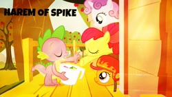 Size: 640x360 | Tagged: safe, edit, edited screencap, screencap, character:apple bloom, character:scootaloo, character:spike, character:sweetie belle, species:dragon, species:earth pony, species:pegasus, species:pony, species:unicorn, ship:scootaspike, ship:spikebelle, ship:spikebloom, episode:just for sidekicks, g4, my little pony: friendship is magic, clubhouse, crusaders clubhouse, crusadespike, cutie mark crusaders, female, filly, gem, harem, helmet, male, measuring cup, shipping, spike gets all the mares, straight
