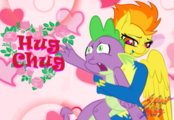 Size: 593x410 | Tagged: artist needed, safe, character:spike, character:spitfire, species:dragon, species:pegasus, species:pony, fanfic:hug chug, ship:spikefire, back hug, clothing, fanfic art, female, flower, heart, heart eyes, holiday, hug, mare, open mouth, reaching out, shipping, smiling, uniform, valentine's day, wingding eyes, wonderbolts uniform