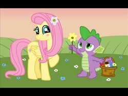Size: 480x360 | Tagged: artist needed, safe, character:fluttershy, character:spike, species:dragon, species:pegasus, species:pony, ship:flutterspike, basket, basket of flowers, blushing, cute, dawwww, female, flower, flower in hair, male, mare, shipping, shyabetes, spikabetes, straight