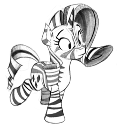 Size: 635x675 | Tagged: safe, artist:anontheanon, character:rarity, species:pony, species:unicorn, species:zebra, black and white, female, grayscale, mare, monochrome, simple background, sketch, solo, species swap, striped, white background, zebracorn, zebrafied